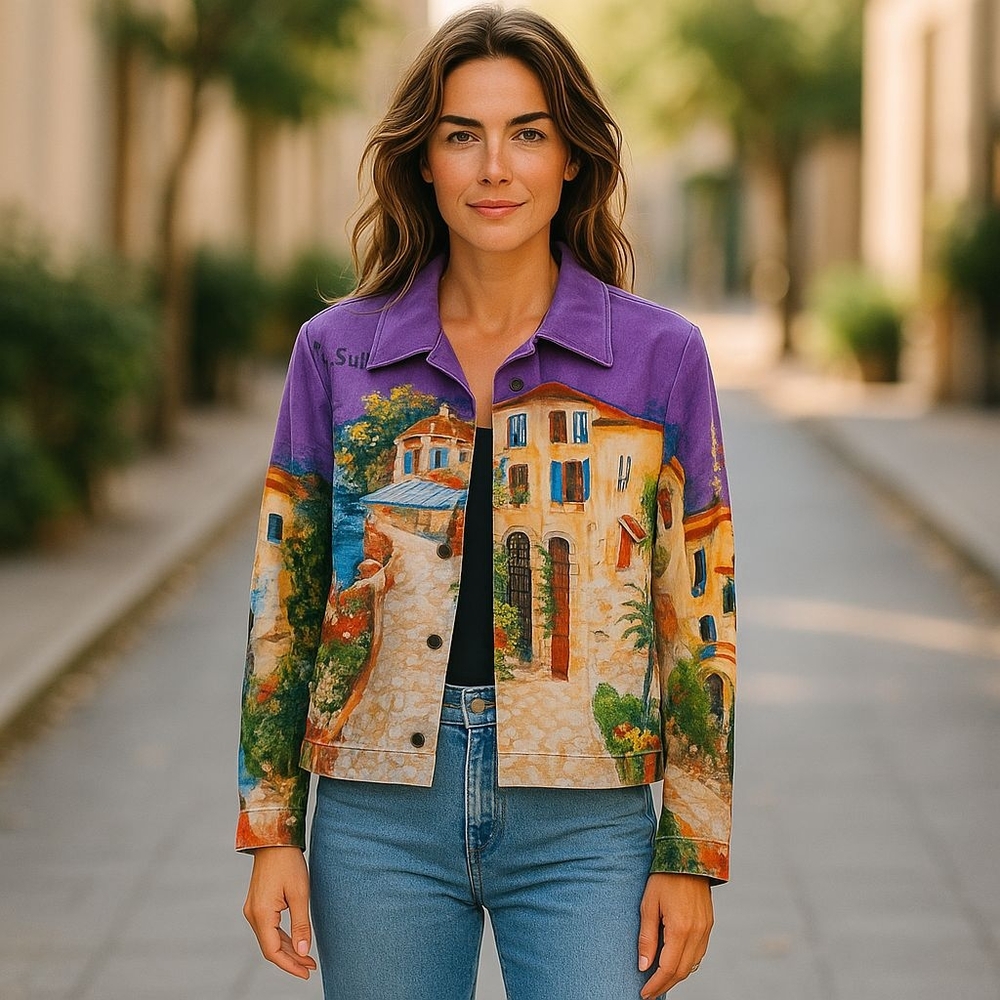 Purple Artistic Jean Jacket with Mediterranean Design
